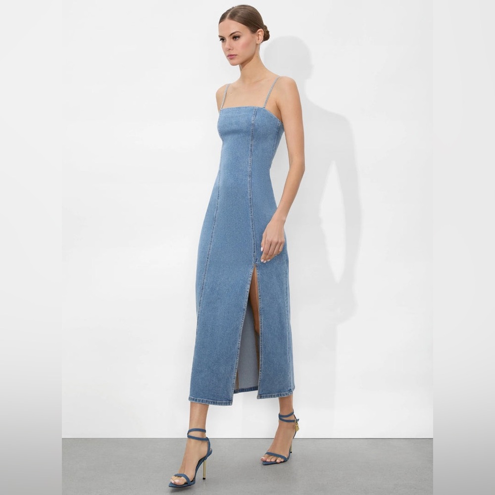 Alice + Olivia Blue Sheath Midi Dress with Slit